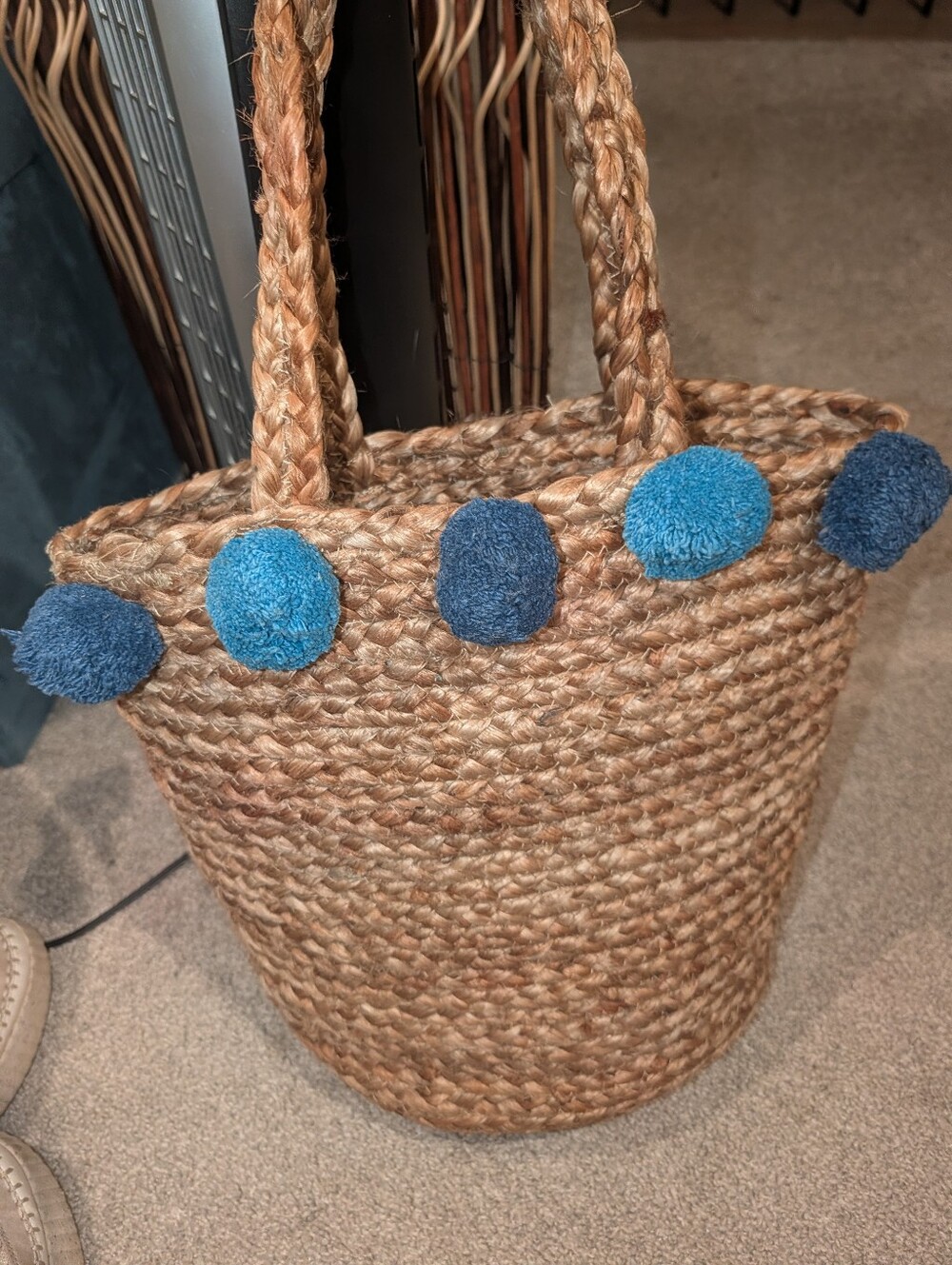:Straw Purse Shoulder Bag Blue Pom Poms Boho Summer Coastal Woven